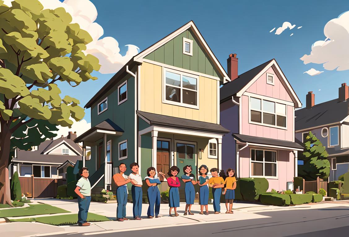 Illustration of a diverse group of neighbors standing outside their houses, with friendly smiles, holding various friendly gestures, wholesome suburban setting..