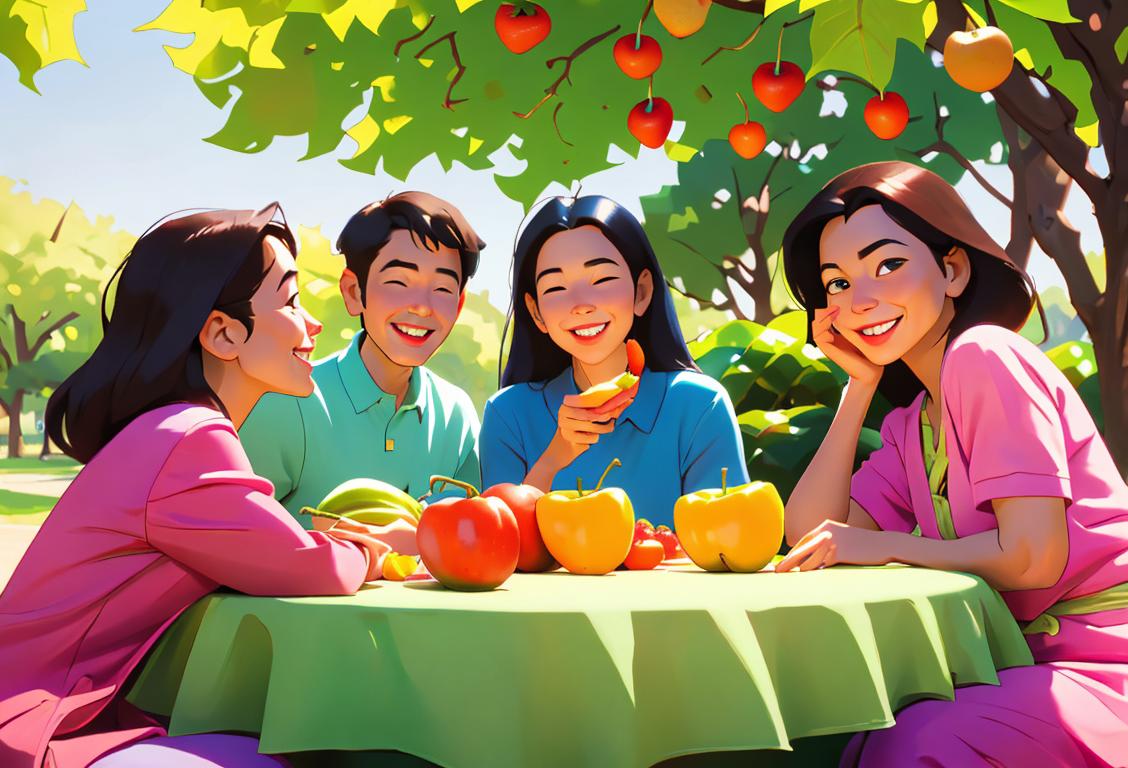 Smiling family gathered around a table, eating fruits and vegetables, wearing colorful clothes, in a sunny park setting..