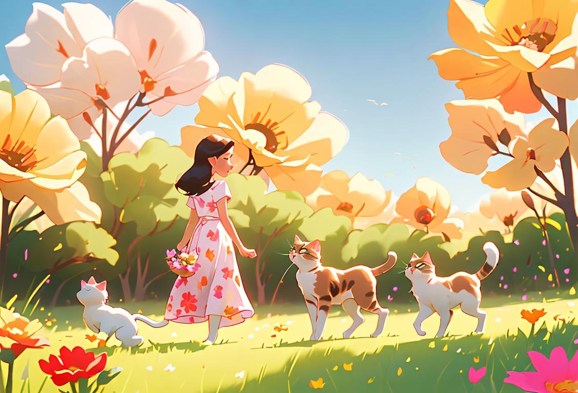 Young woman gracefully herding a group of adorable cats in a sunlit field, wearing a floral sundress, surrounded by colorful flowers..