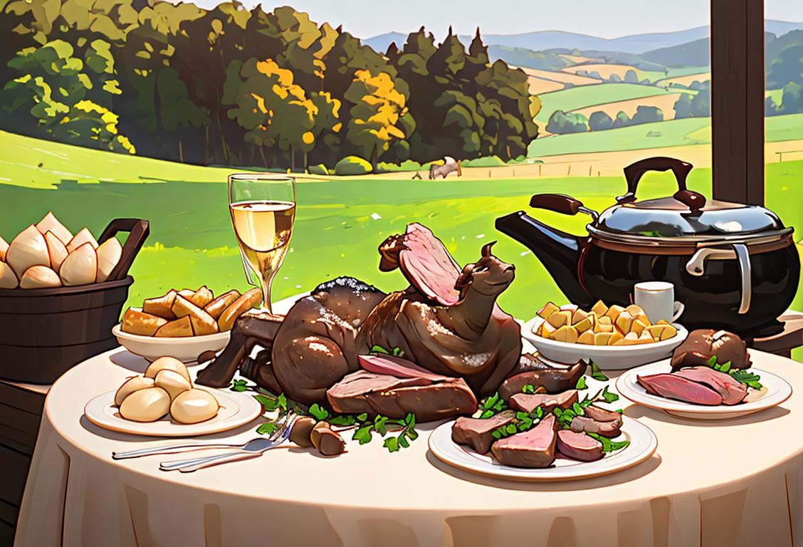 A family gathering around a beautifully roasted leg of lamb, wearing chef aprons, in a cozy countryside setting..