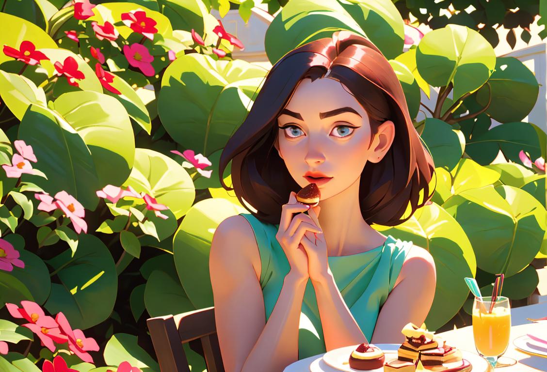 Young woman enjoying a deliciously decadent dessert, dressed in a flowy summer dress, whimsical outdoor garden setting..