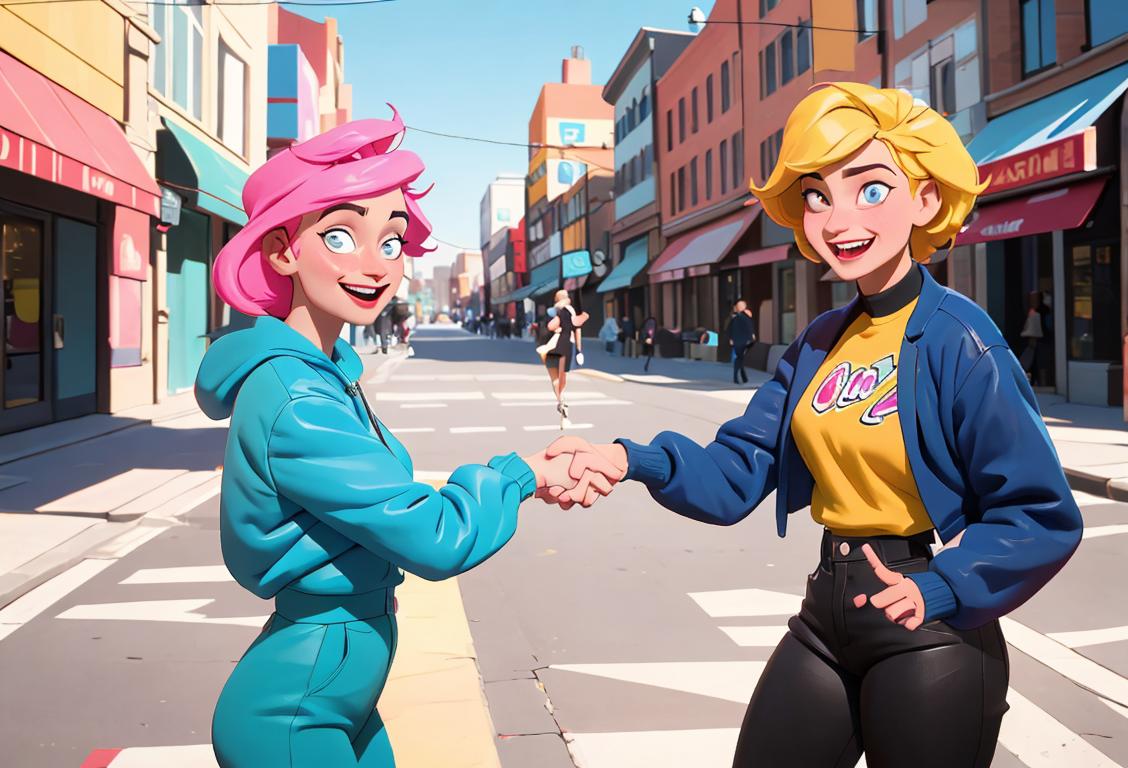 Two individuals enthusiastically shaking hands, dressed in trendy attire, amidst a vibrant urban setting, to celebrate National New Friend Day..