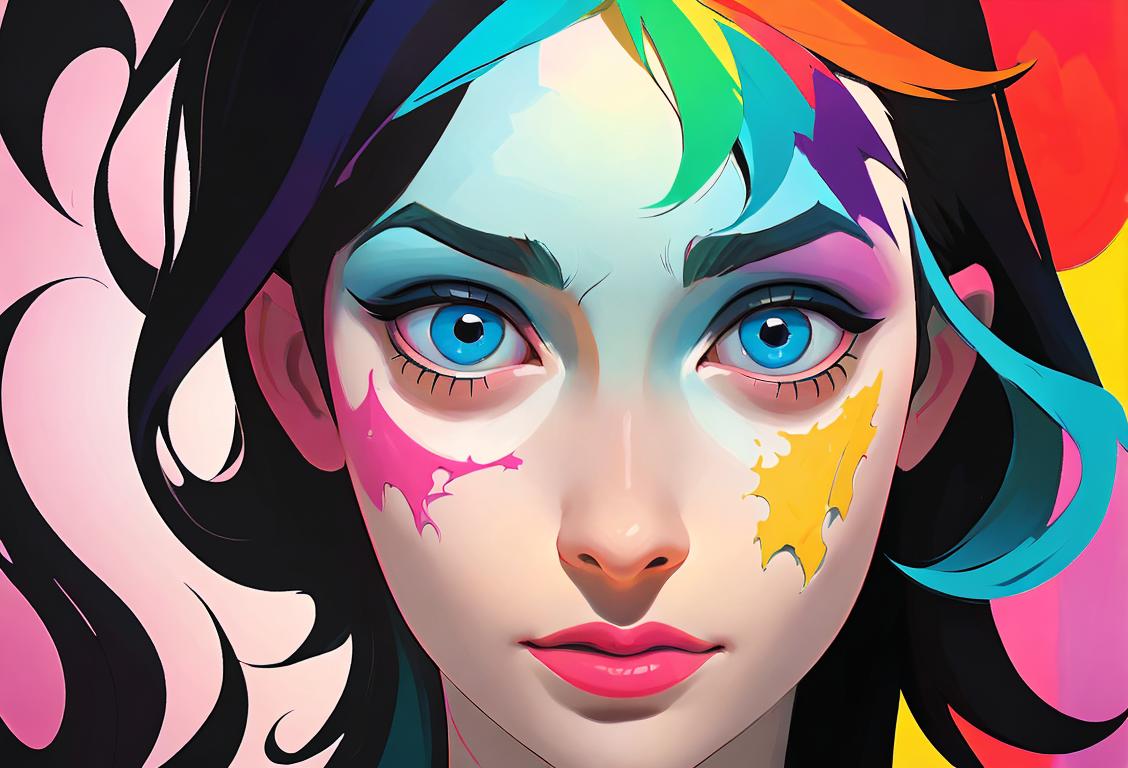 Young woman confidently embracing diverse and colorful artwork, representing the many facets of understanding and support for National Schizophrenia and Psychosis Awareness Day. Art gallery setting with contemporary fashion style..