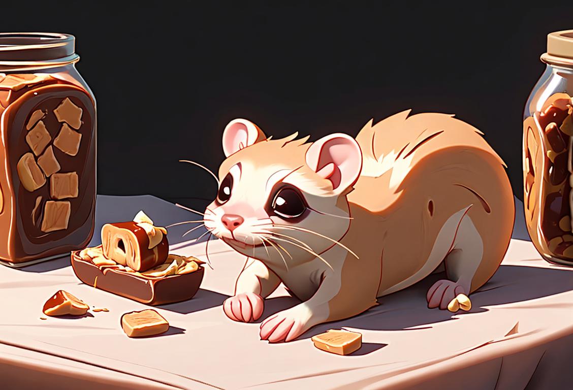 Adorable ferret wearing a tiny sandwich costume, surrounded by jars of peanut butter and jelly, picnic setting..