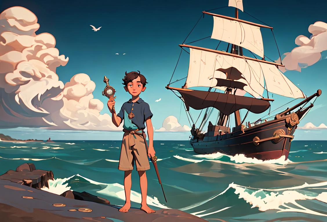 Young boy holding a compass, dressed in explorer-style clothing, standing on the edge of a ship, ocean in the background..