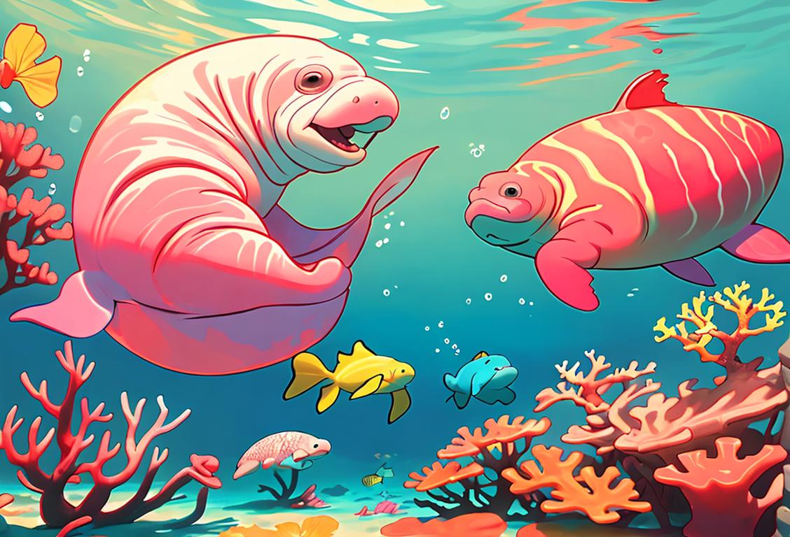 Cute child snorkeling with a manatee, wearing a colorful swimsuit, tropical coral reef setting..