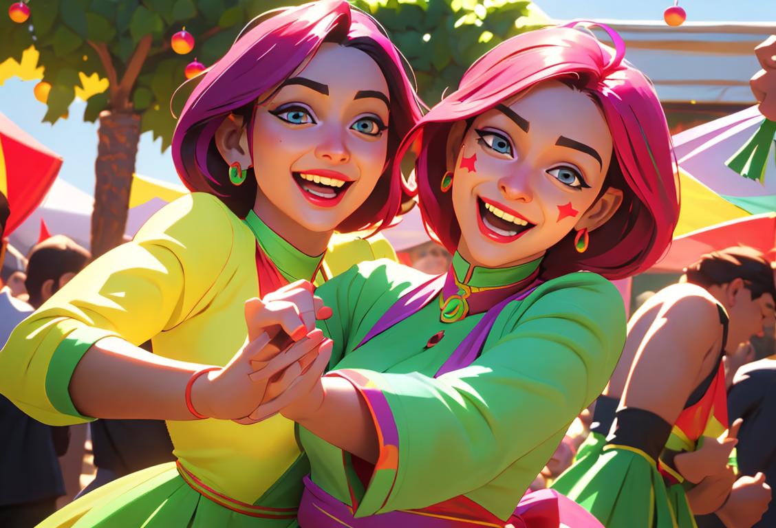 Happy individuals dressed in vibrant colors, dancing with joy and glee in a festive outdoor setting.