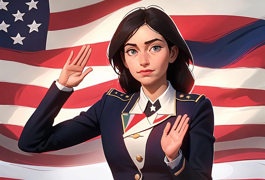 Military spouse smiling and waving goodbye to their loved one in uniform, surrounded by a supportive community, American flag in the background..