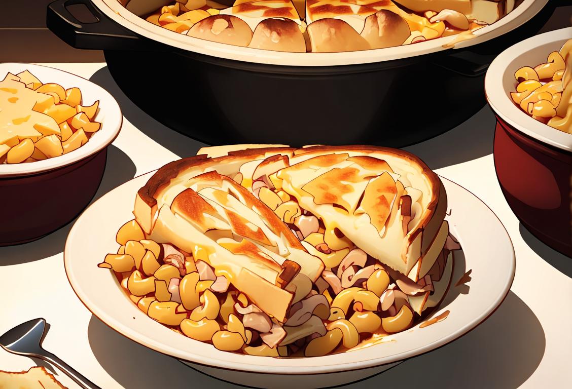 A cozy kitchen scene with steaming bowls of mac and cheese, chicken pot pie, and a grilled cheese sandwich. Someone preparing a warm meal with a smile..