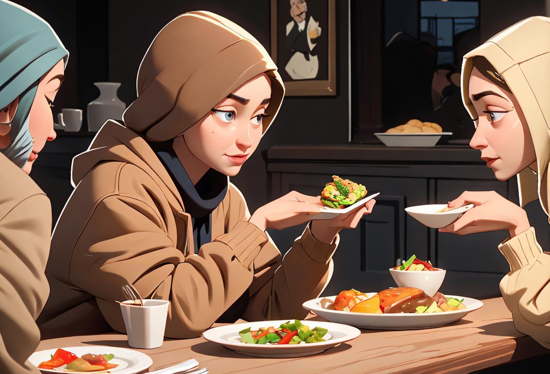 Person from the National Capital living on one meal a day, cozy attire, urban scene, community togetherness, heartwarming gesture..