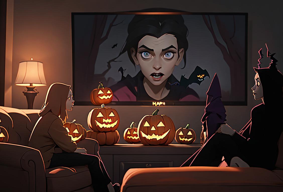 Group of people wearing spooky costumes, sitting in a living room decorated with Halloween decorations, watching a suspenseful Halloween-themed TV show..