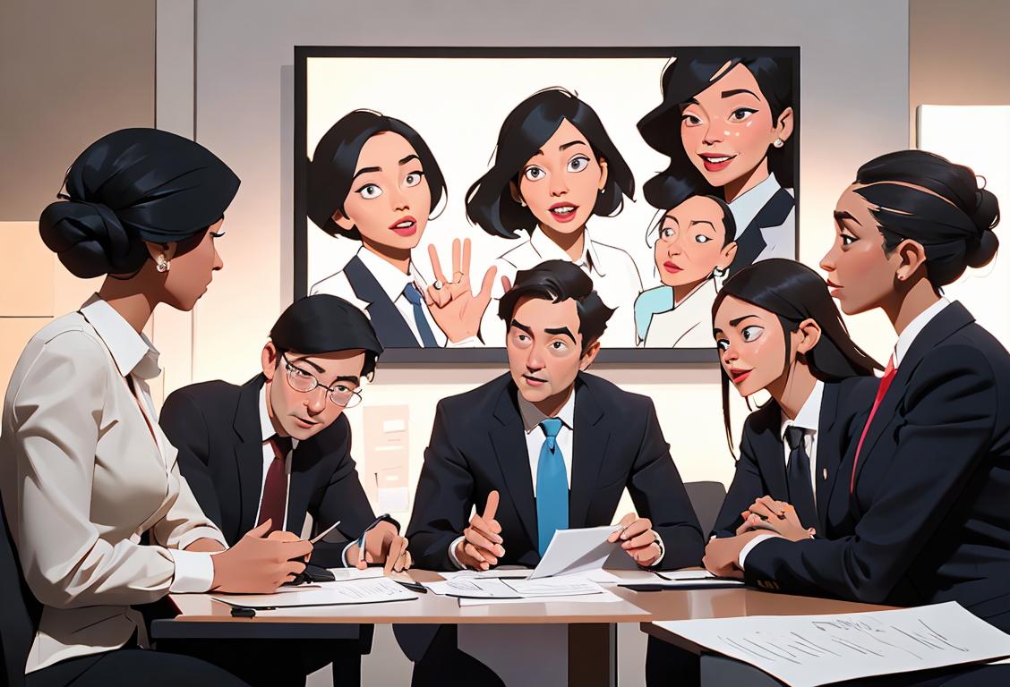 Group of diverse professionals in business attire, engaged in a lively conversation, amidst a bustling conference hall..