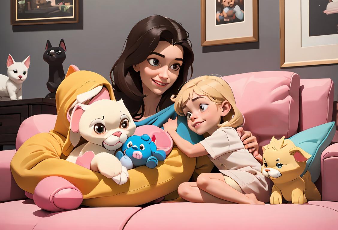 A loving family, both humans and animals, sitting on a cozy sofa, surrounded by toys, with warm smiles and soft cuddles..