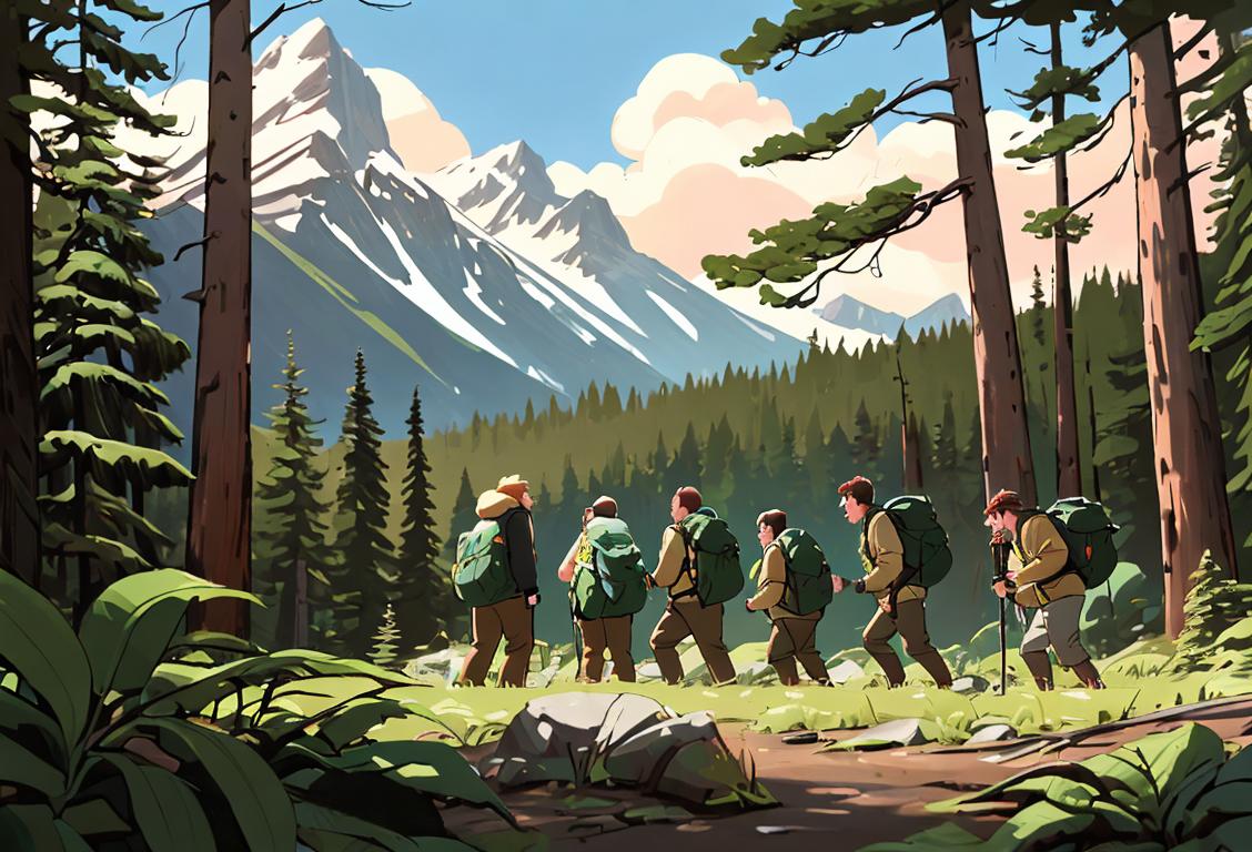 A group of hikers in a scenic forest setting, wearing camping gear, searching for Sasquatch with binoculars and magnifying glasses..