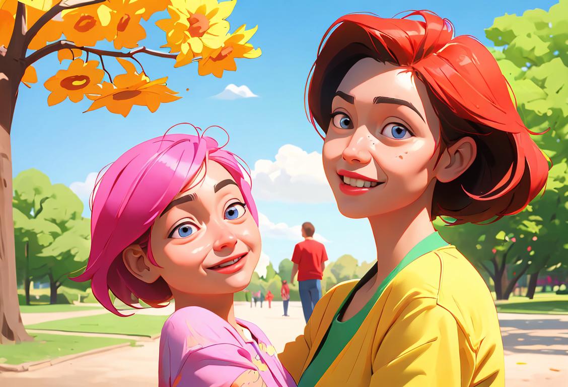 Happy family with a missing person's poster, in a park, wearing colorful clothes, sunny day..