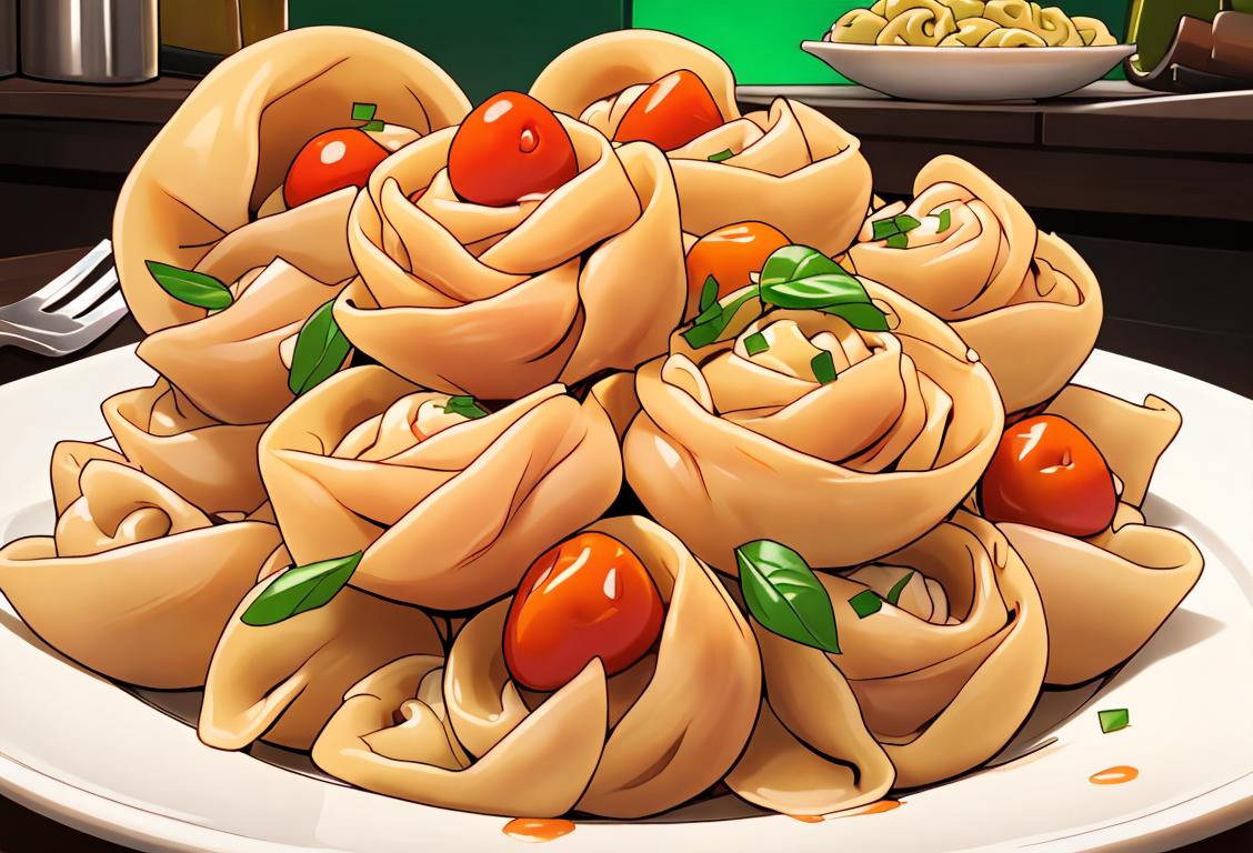 A plate of tortellini surrounded by colorful ingredients, a chef's hat, and a rustic Italian kitchen scene..