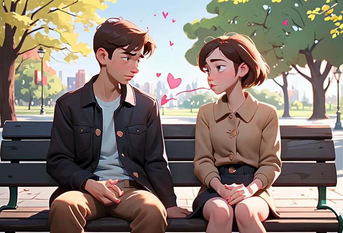 Picture of a young couple sitting on a park bench, holding hands, with a thought bubble showing a broken heart..