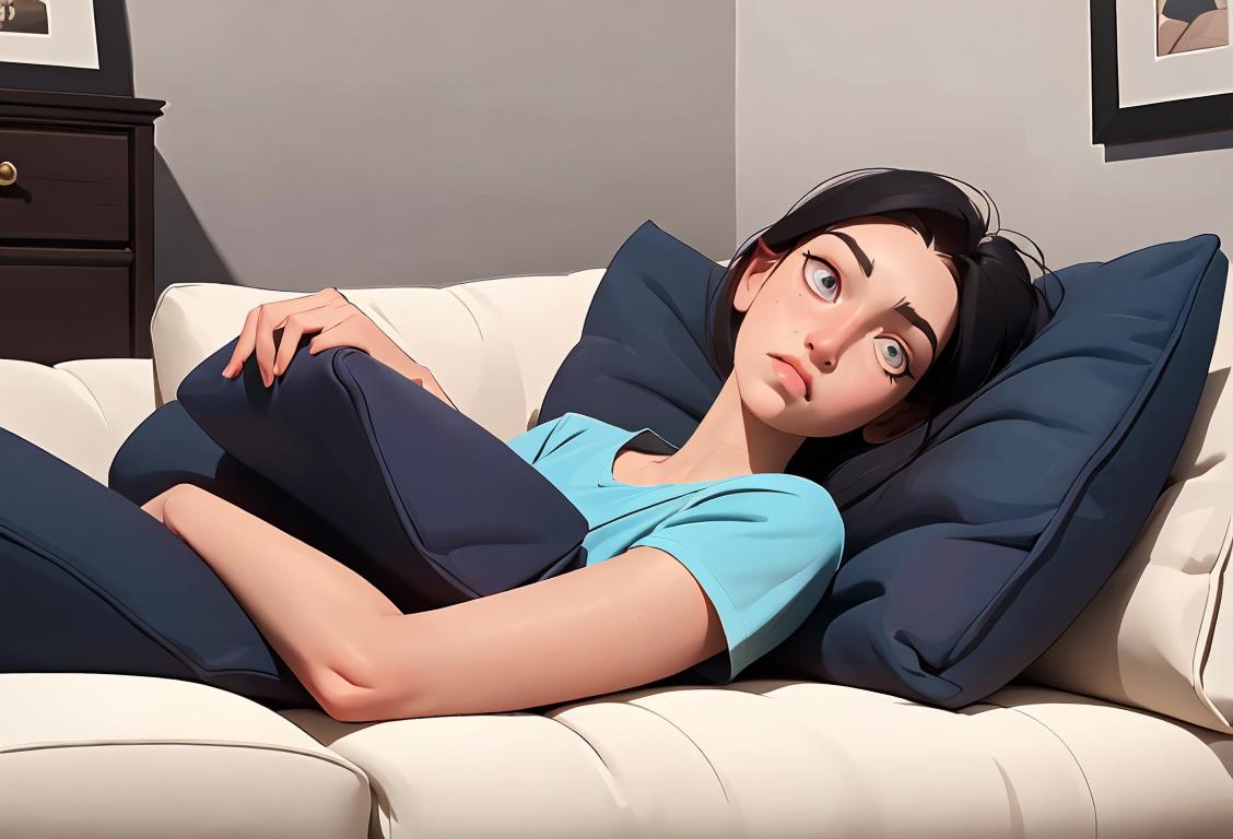 A person, dressed in casual attire, lying on a comfortable couch surrounded by pillows and blankets, enjoying a leisurely day off.