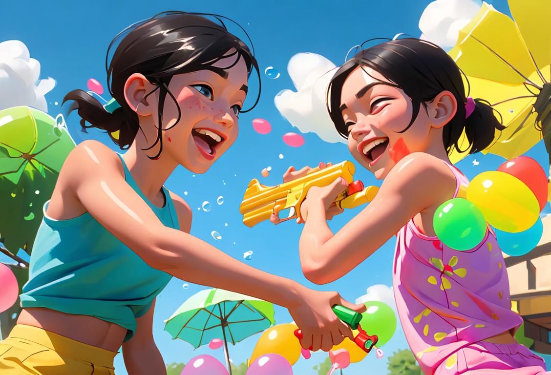 Young boys and girls laughing joyfully while splashing each other with water guns and water balloons in a sunny park..