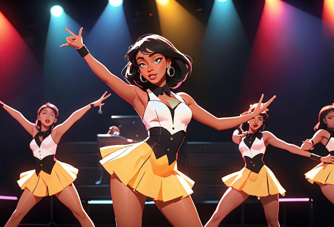 Normani dancing on stage with a microphone, surrounded by backup dancers, in a vibrant concert setting..