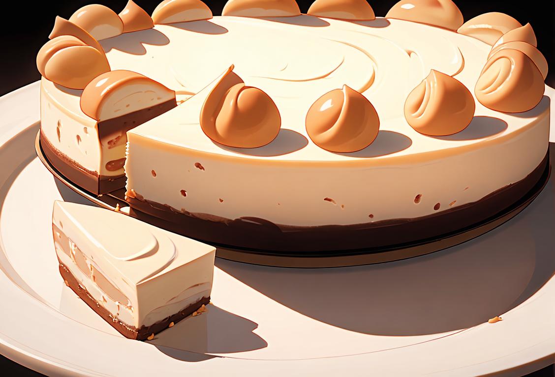 Baker holding a classic cheesecake with a graham cracker crust, wearing a chef's hat and apron in a bakery filled with delicious desserts..