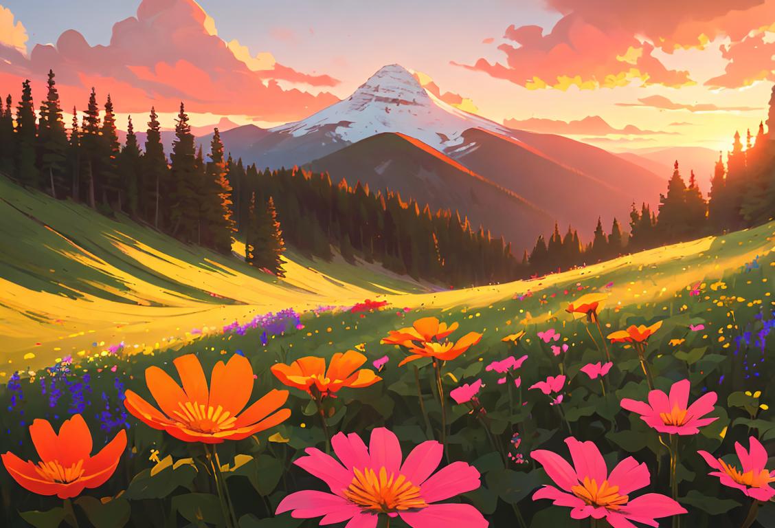 Talented photographer capturing a breathtaking sunset over a serene mountain landscape, surrounded by vibrant wildflowers, wearing a wide-brimmed hat..