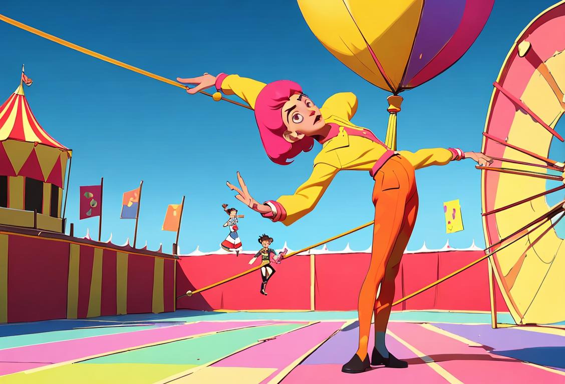 Young person wearing bold, colorful outfit, standing on a tightrope, surrounded by a circus-themed setting..