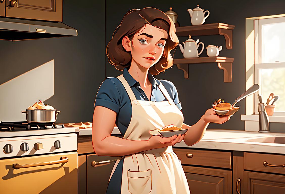 Young woman baking a milk tart in a cozy kitchen, wearing a vintage apron, retro baking tools, with a touch of South African decor..