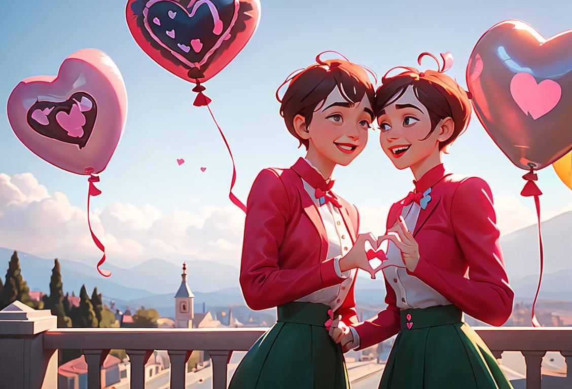 Two young individuals laughing, hand in hand, dressed in matching outfits, surrounded by heart-shaped balloons and a picturesque sunset backdrop..