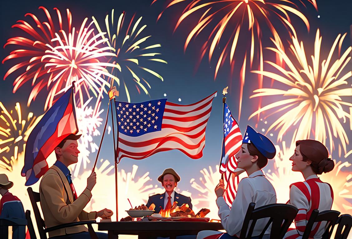 Group of people waving American flags, dressed in patriotic clothes, enjoying a festive outdoor barbecue with fireworks in the background..