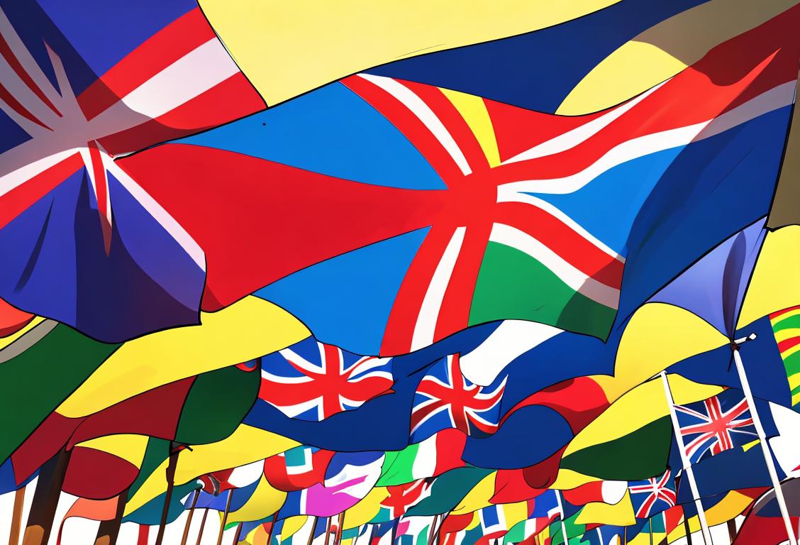 Vibrant national flag fluttering proudly in the wind, surrounded by diverse group of people from different eras, showcasing fashion, scene, and pride..