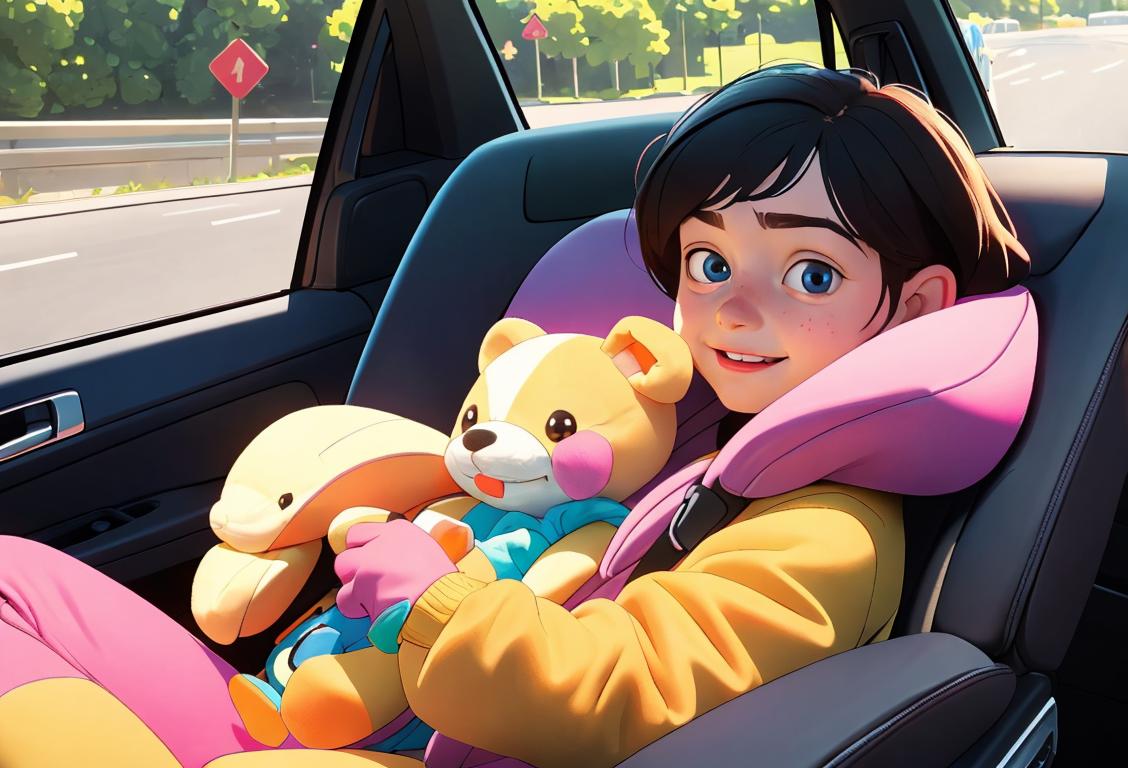 Happy child sitting in a car seat, with a plush toy, wearing a colorful outfit, family road trip scene..