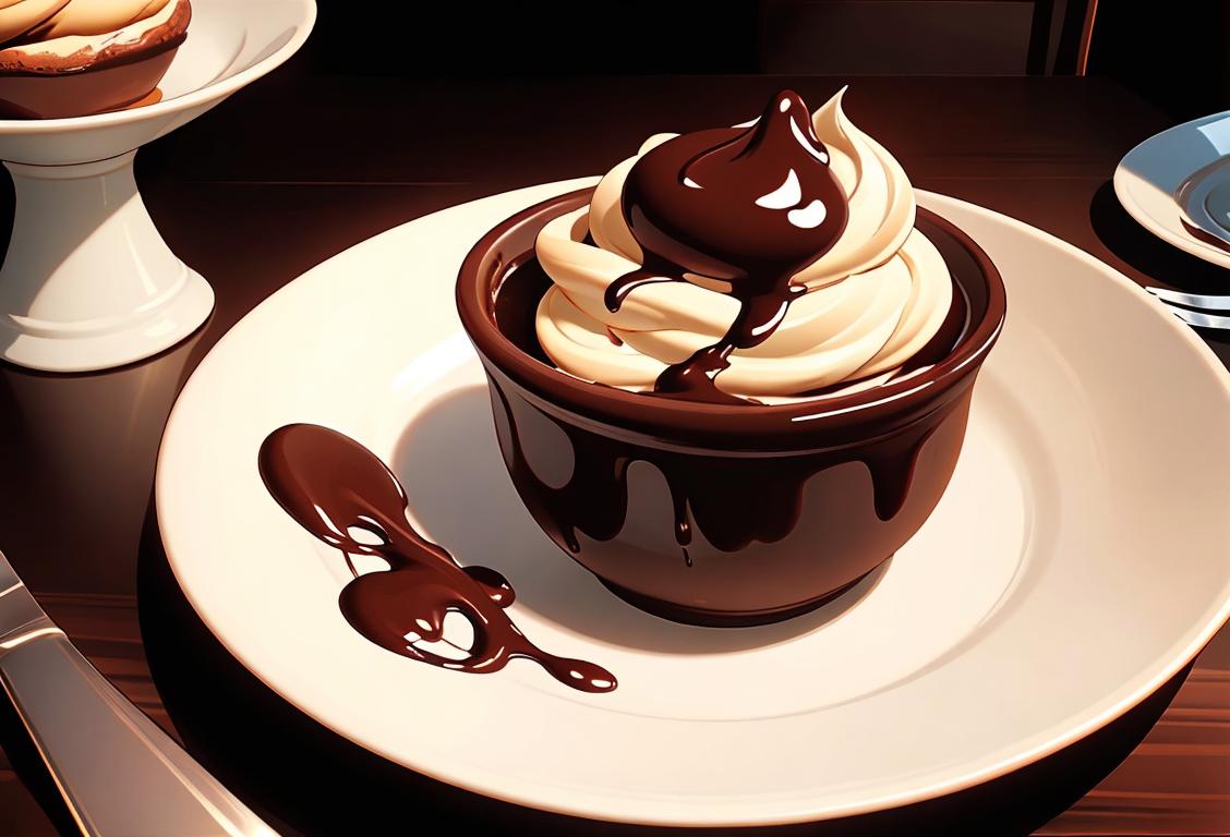 A close-up of a luscious chocolate soufflé topped with a dusting of powdered sugar. A plate decorated with chocolate shavings and a drizzle of chocolate sauce sits next to it..