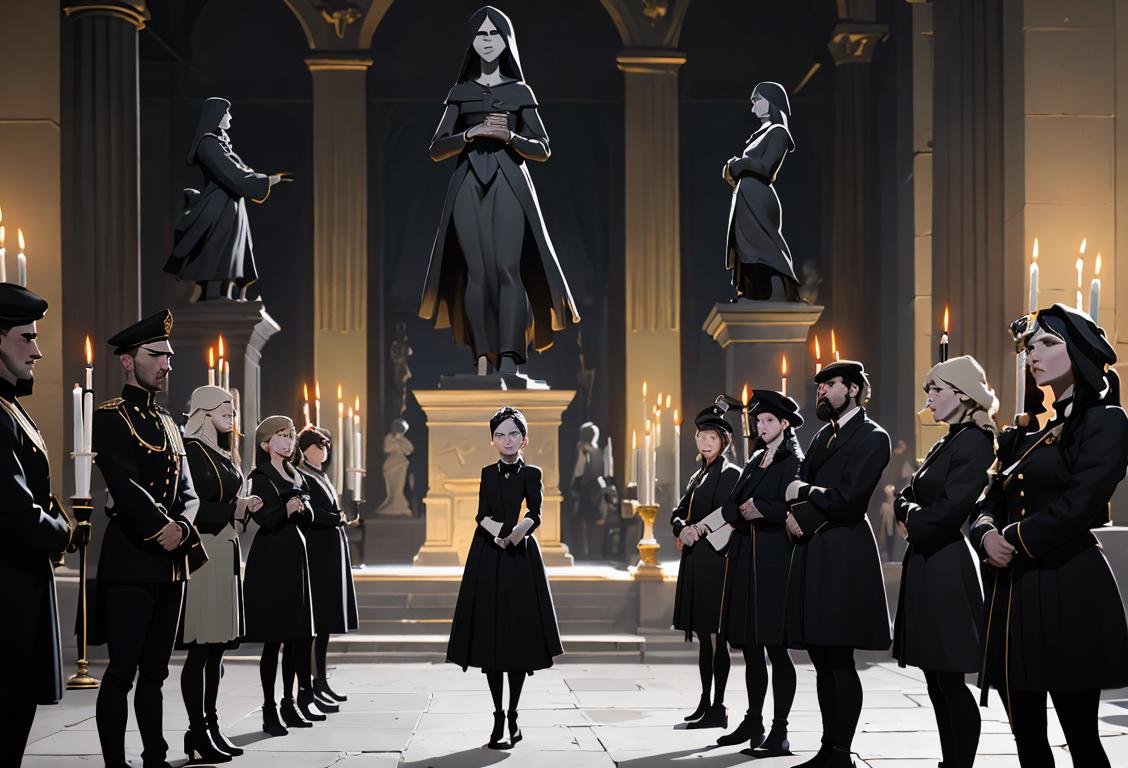 A group of people holding candles, dressed in black and gray attire, standing in front of a statue of Marianne..