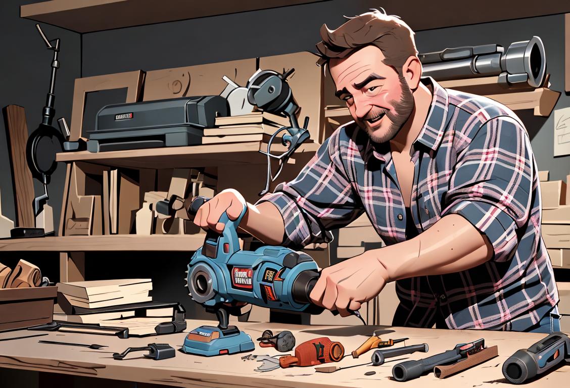 Happy man wearing a plaid flannel shirt and work boots, holding a power tool, surrounded by a workshop filled with manly gadgets and equipment..