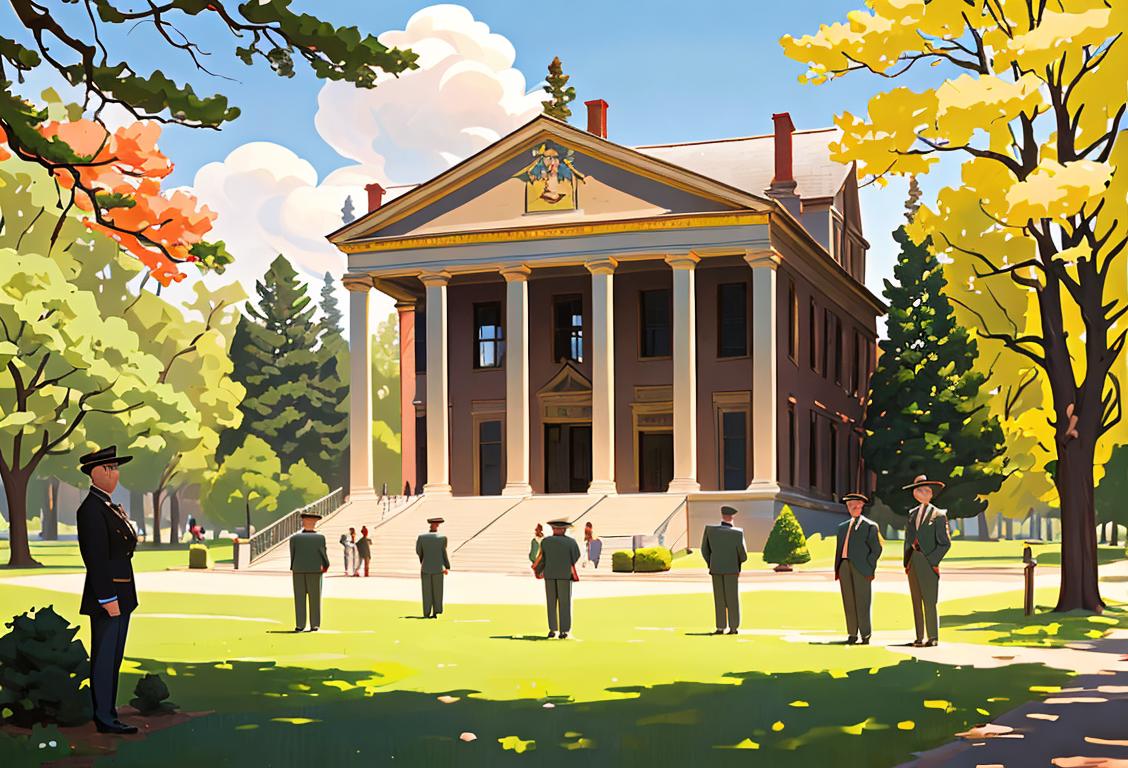 A group of diverse park rangers standing in front of a historic building, wearing vintage clothing, surrounded by beautiful nature scenery..