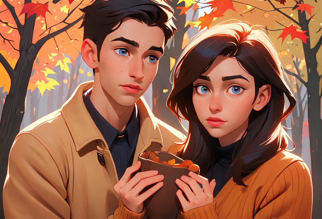Young woman presenting her boyfriend with a homemade gift, both dressed in cozy fall sweaters, surrounded by autumn foliage..