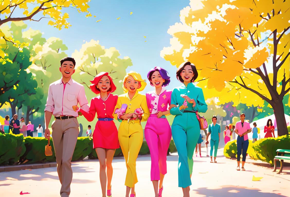 A diverse group of people with bright, beaming smiles, wearing colorful clothes, in a park setting..