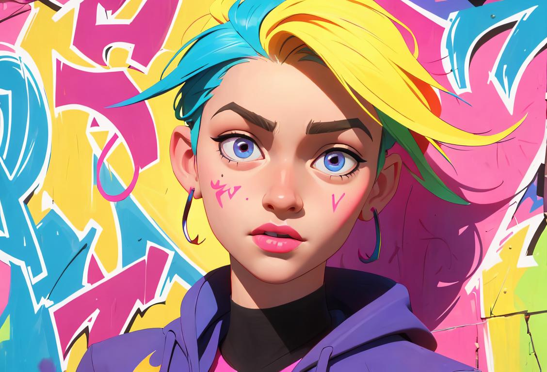 Young person confidently posing, wearing vibrant and unique clothing, urban street setting with colorful graffiti backdrop..