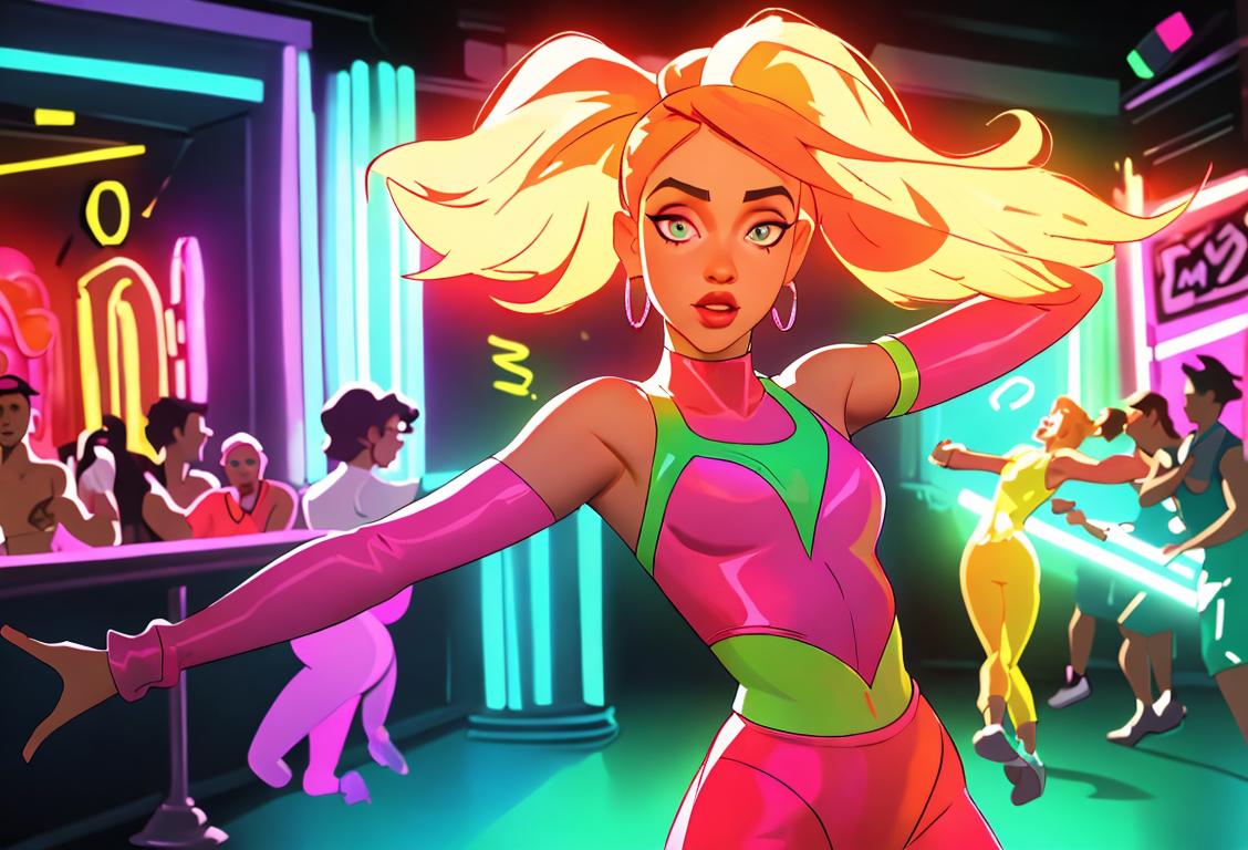A vibrant scene of energetic dancers performing at a bar, dressed in flashy attire, amidst a lively and colorful background..