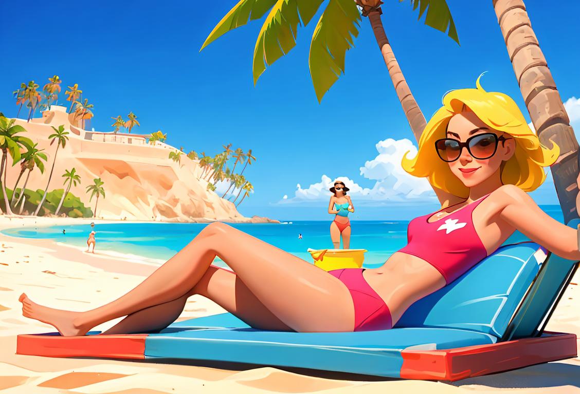 A couple cheerfully lounging at a beach, wearing colorful swimsuits and sunglasses, surrounded by palm trees and clear blue skies..