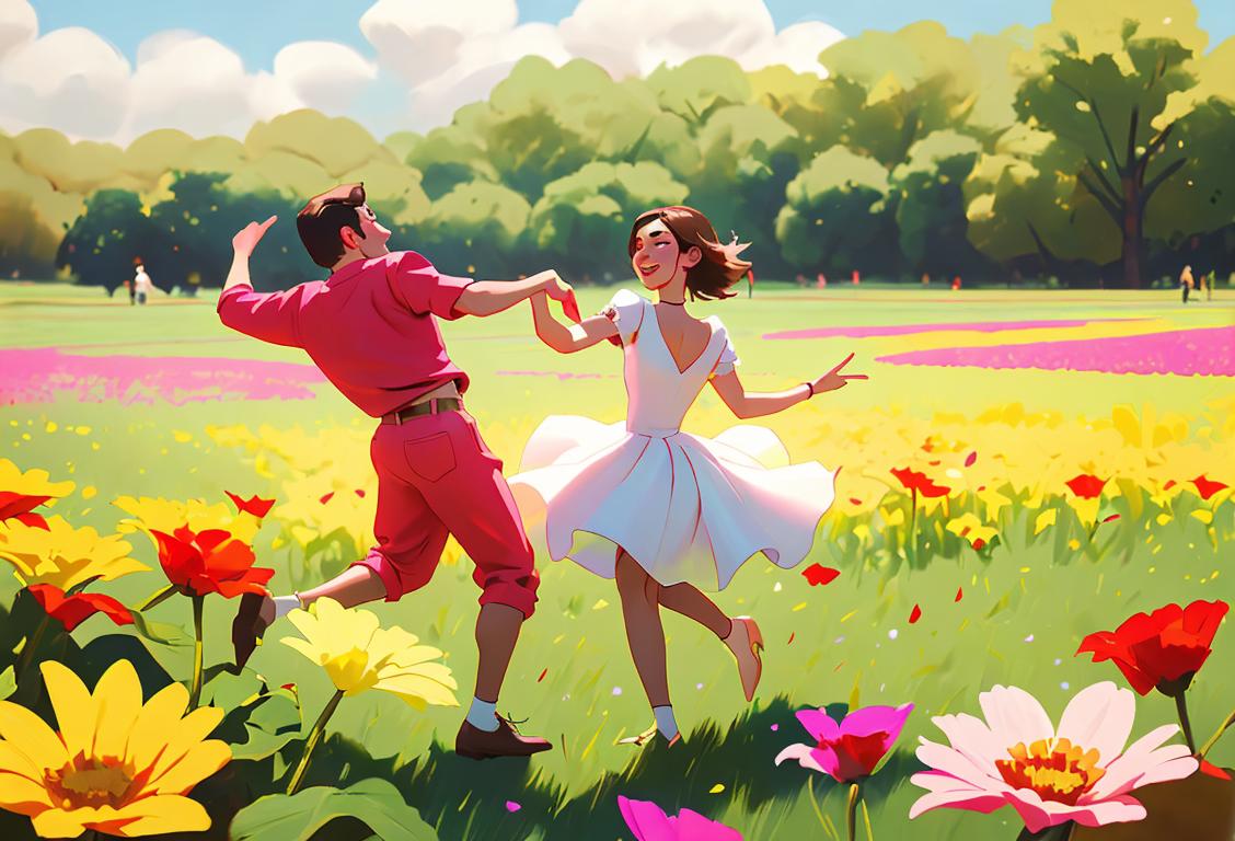 Young adults wearing vibrant outfits, dancing in a field of flowers, embracing positivity and leaving behind worries and grudges..