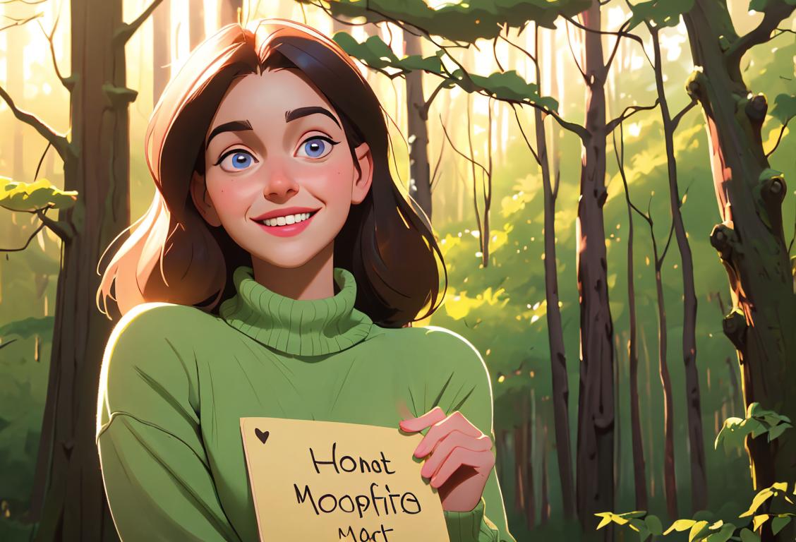 Young woman with warm smile, wearing a cozy sweater, forest backdrop, surrounded by uplifting affirmations and supportive words..