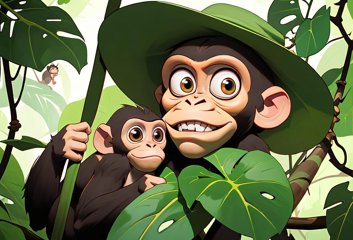 Charming, mischievous monkey swinging from a jungle vine, wearing a safari hat, tropical rainforest backdrop..