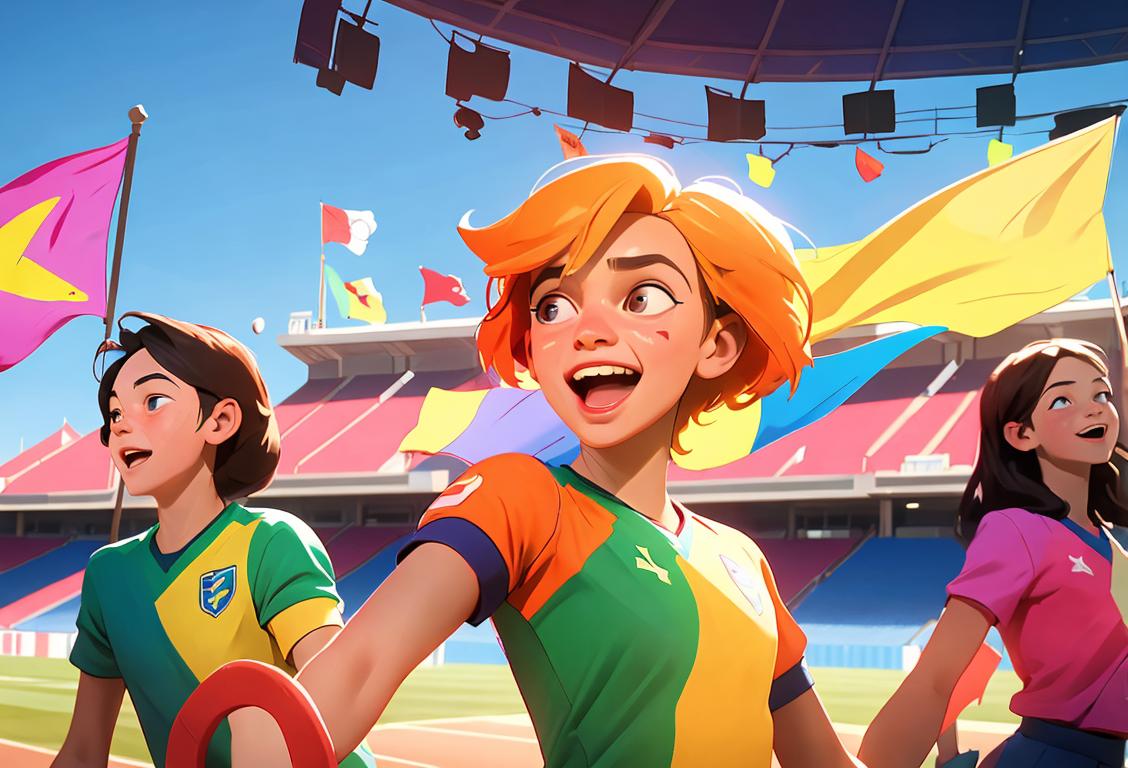Young people gathered in a stadium, waving colorful flags and wearing jerseys, displaying their team spirit with joy and excitement..