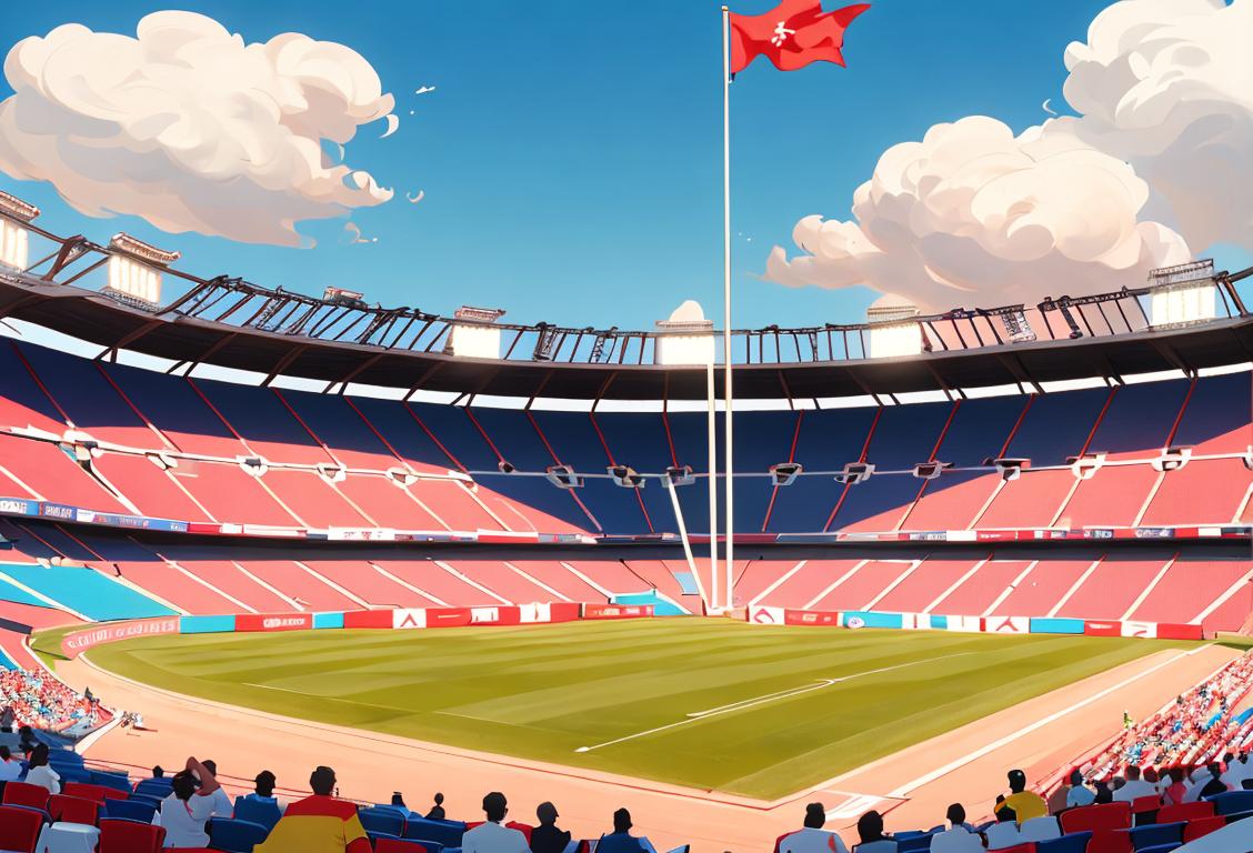 A lively sports stadium filled with cheering fans, showcasing colorful team jerseys and flags waving in the air, capturing the spirit of National Stadium Day..