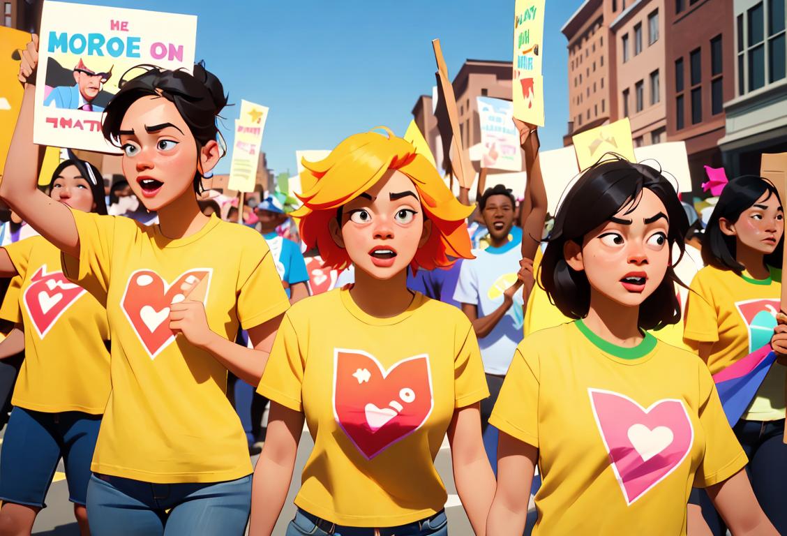 A diverse group of people wearing matching t-shirts, holding signs, and marching together in a vibrant parade, spreading positivity and unity..