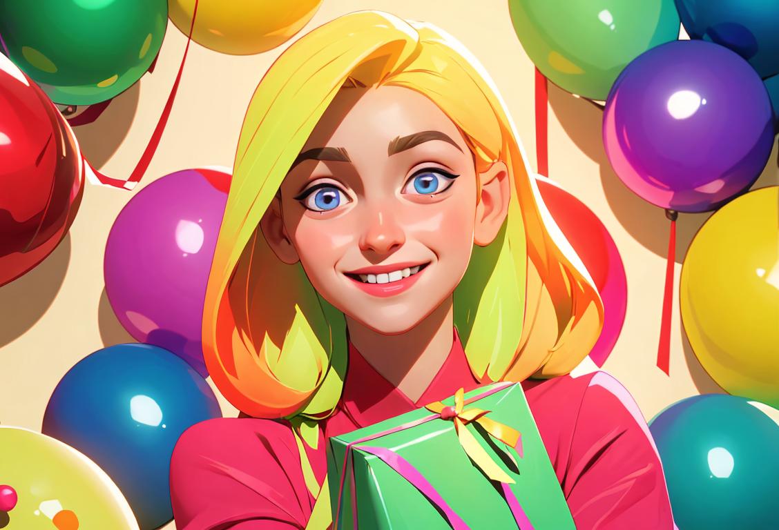 Kind-hearted friend giving away wrapped gifts with a bright smile, wearing colorful clothes, against a backdrop of festive decorations..