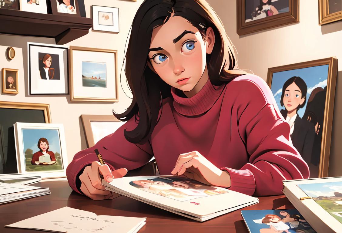 Young woman holding a photo album, wearing a cozy sweater, surrounded by a room filled with nostalgic memorabilia..