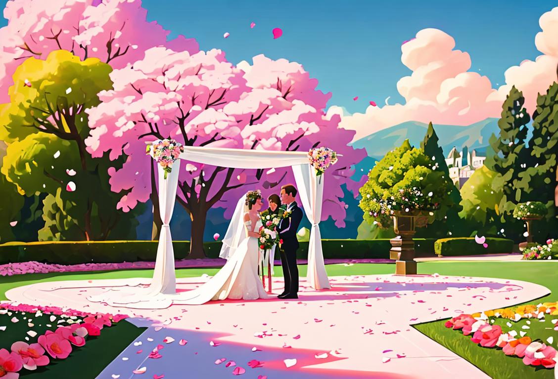 A couple exchanging wedding vows, surrounded by colorful flowers, elegant attire, and a breathtaking outdoor ceremony venue set against a scenic backdrop..
